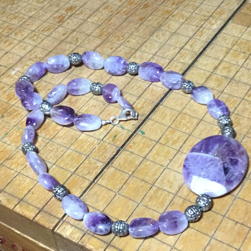 Stone Crystal Necklace 19.5”L Amethyst Shades Handmade w 925 Lobster Claw Clasp